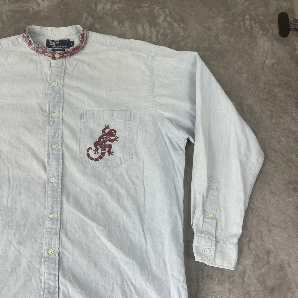 Polo Ralph Lauren Shirt Mens Large Blue Chambray Lizard Pocket Band Collar - Picture 7 of 16